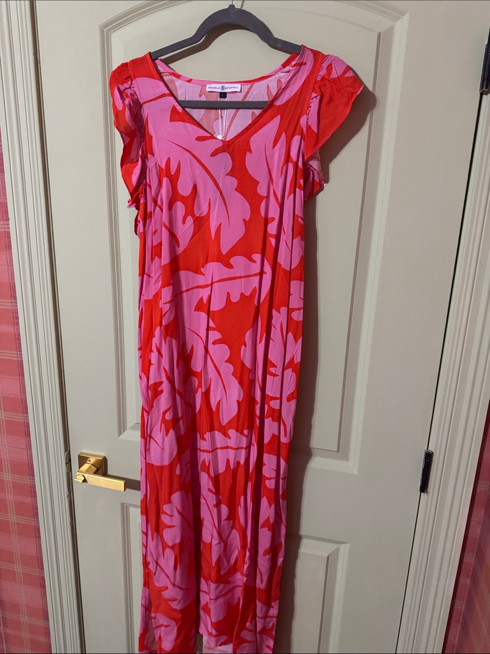 Sleeveless Ruffle-Shoulder Maxi Dress in Pink & Red